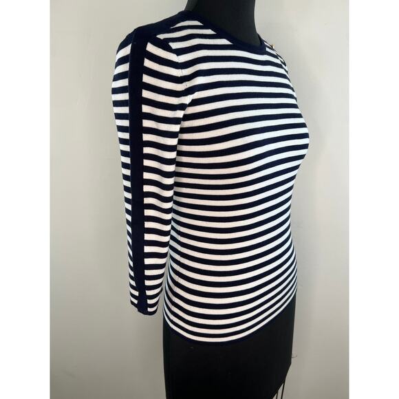 Lauren Ralph Lauren Nautical Silk Blue White Stripe Button 3/4 Sleeve Top Small - Picture 2 of 6
